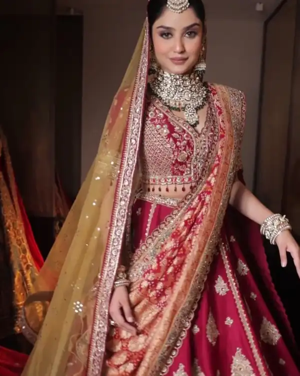 Bridal make-up, red and gold lehenga