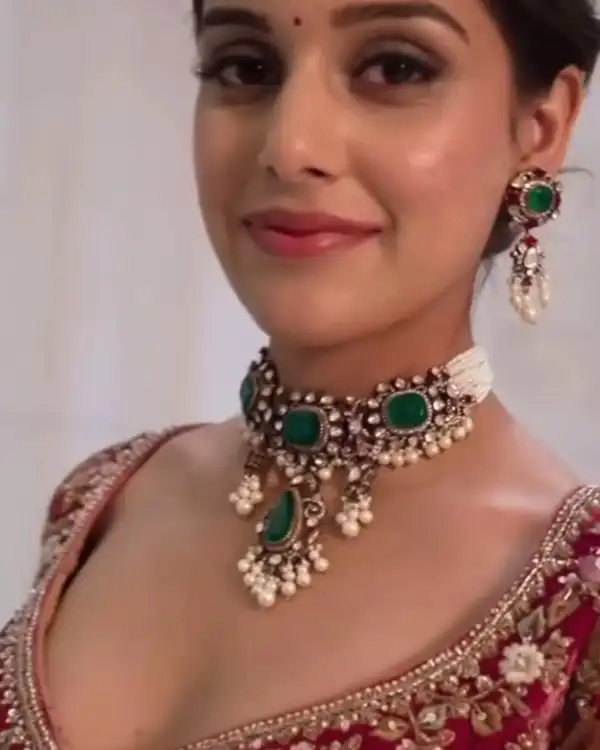 Bridal make-up, close-up, maroon blouse